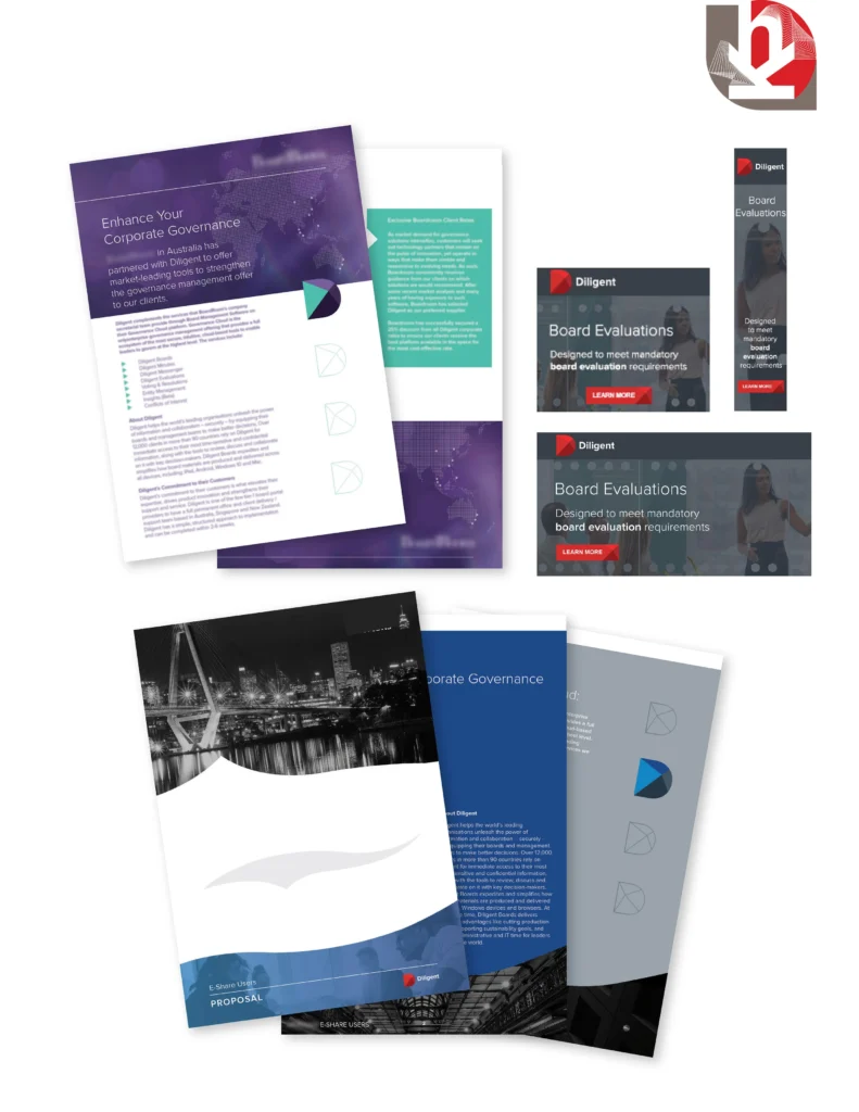 Diligent: Proposal design and layout. Digital campaigns including landing page design, interactive and static banner ads, 2017 https://diligent.com