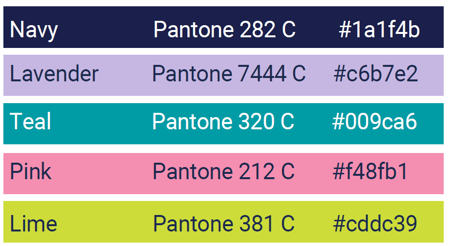 Five horizontal color bars labeled with brand specifications: Navy Pantone 282 C (#1a1f4b), Lavender Pantone 7444 C (#c6b7e2), Teal Pantone 320 C (#009ca6), Pink Pantone 212 C (#f48fb1), and Lime Pantone 381 C (#cddc39).