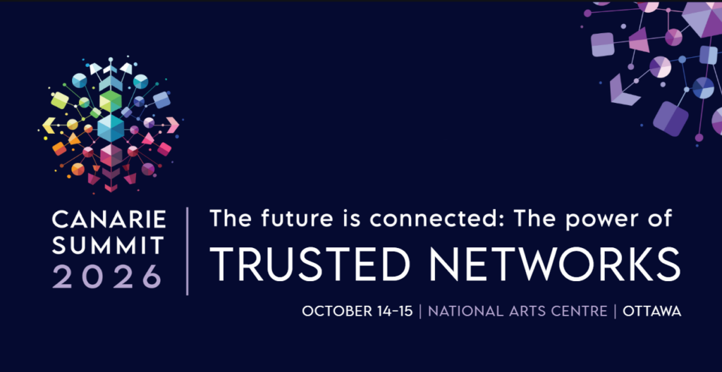 Logo for CANARIE Summit 2026 featuring a colorful geometric network graphic composed of interconnected cubes, circles, and arrows on a dark navy background. Below the illustration, large white text reads “CANARIE SUMMIT 2026,” followed by the tagline: “The future is connected: The power of TRUSTED NETWORKS.