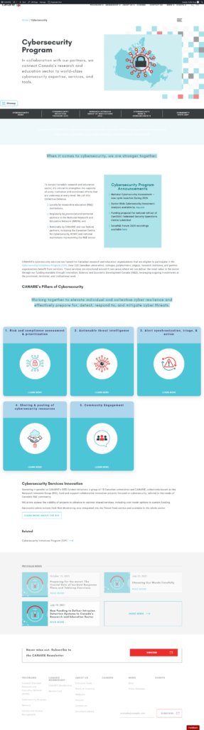 CANARIE Cybersecurity Program webpage showing a header with a Canada map and lock icon, an overview of collaborative cybersecurity initiatives, five program pillars displayed as icon cards, and sections on services, innovation, and program news.