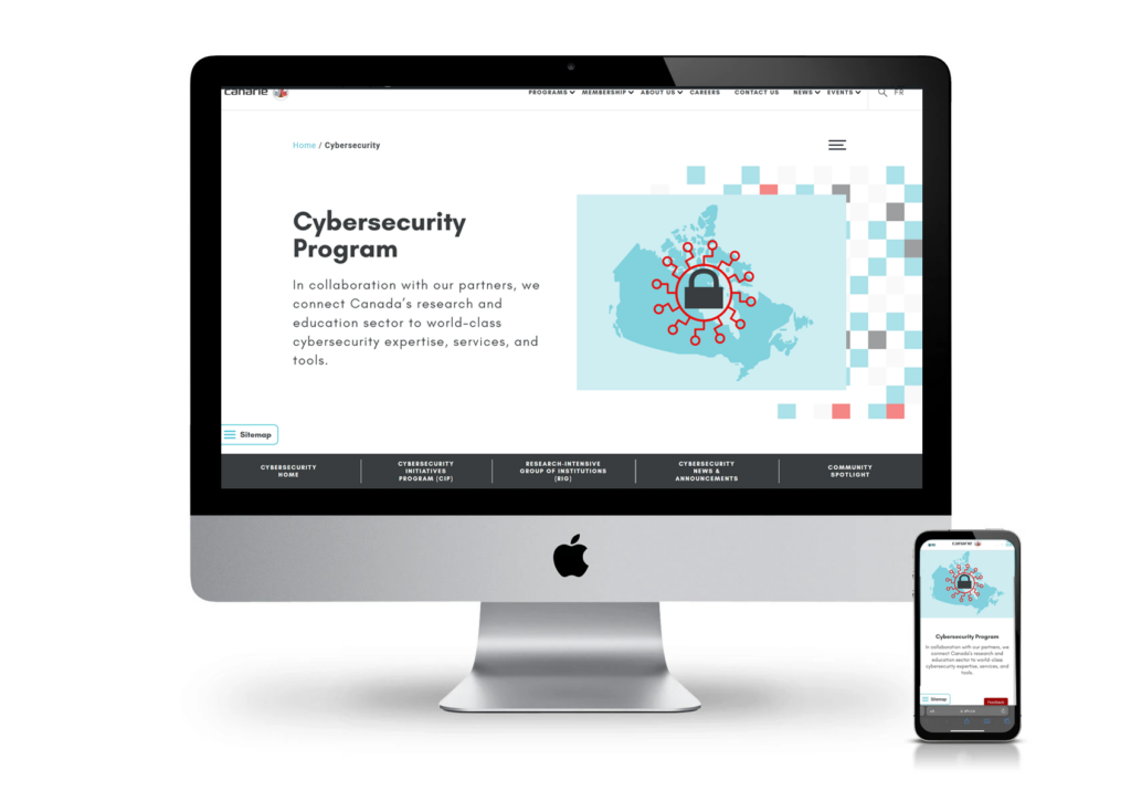 Mockup of the CANARIE Cybersecurity Program webpage displayed on a desktop monitor and mobile phone, showing a header with the program title and a graphic of a lock over a map of Canada, demonstrating responsive design across devices.